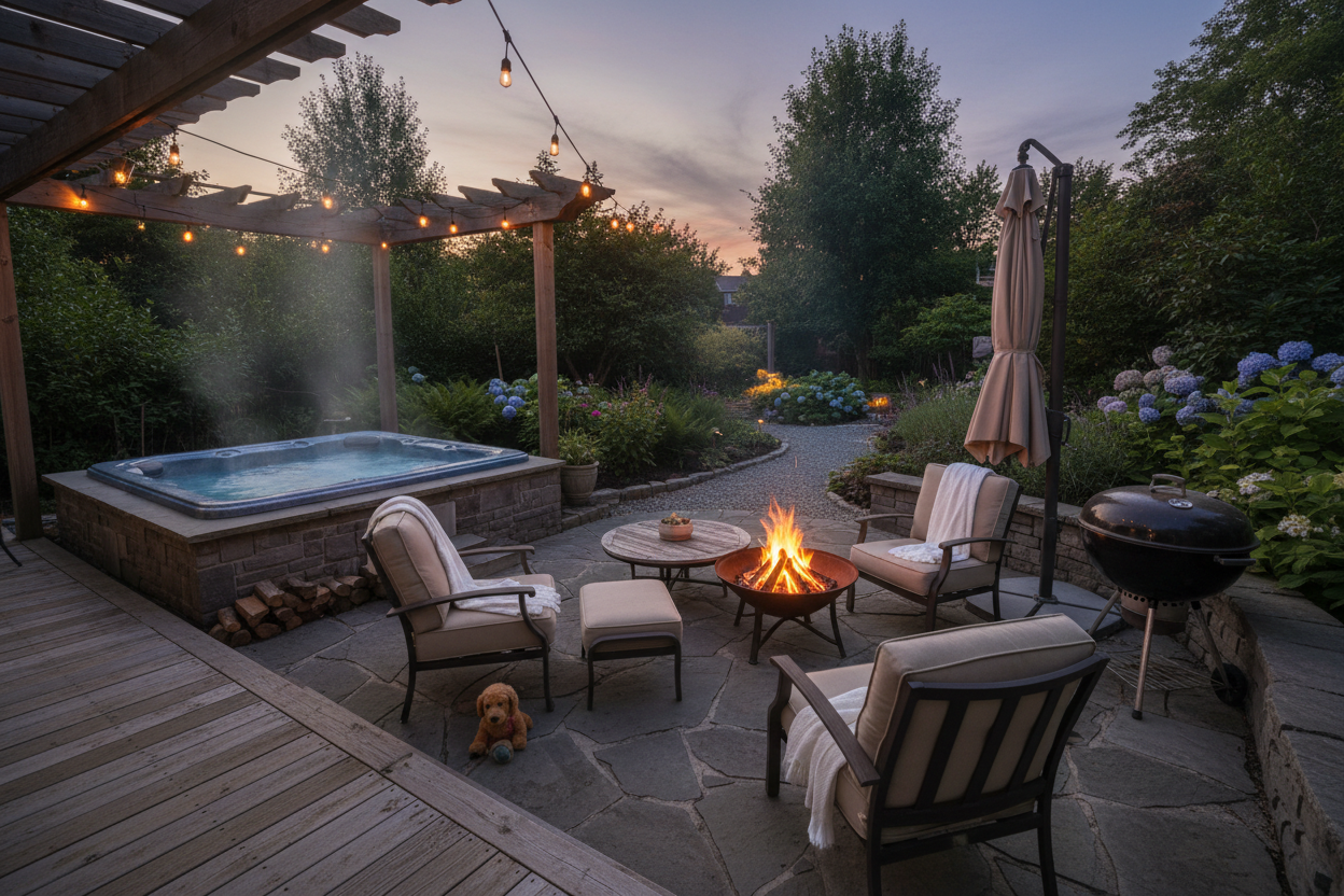 Create a hero landing page image of a quiet backyard at early evening, set up for outdoor relaxation with no people present. The scene includes a hot tub, outdoor chairs around a small table, a fire pit glowing at the center, a grill off to the side, and a patio parasol. The space should feel used, comfortable, and realistic for a middle-class home, not staged or luxury-focused. Use soft beige and white tones, warm ambient lighting, gentle shadows, and natural textures